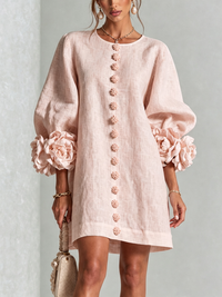Noemi | Minivestido de Mezcla de Lino con Puños de Rosa, Rosa