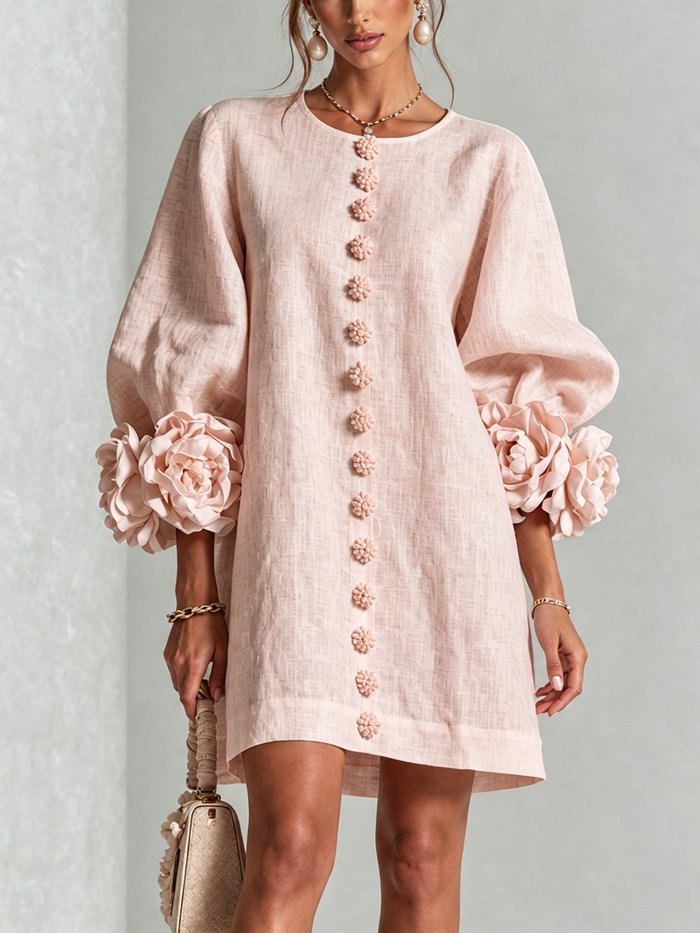 Noemi | Minivestido de Mezcla de Lino con Puños de Rosa, Rosa