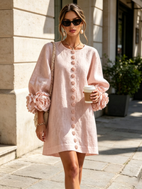 Noemi | Minivestido de Mezcla de Lino con Puños de Rosa, Rosa