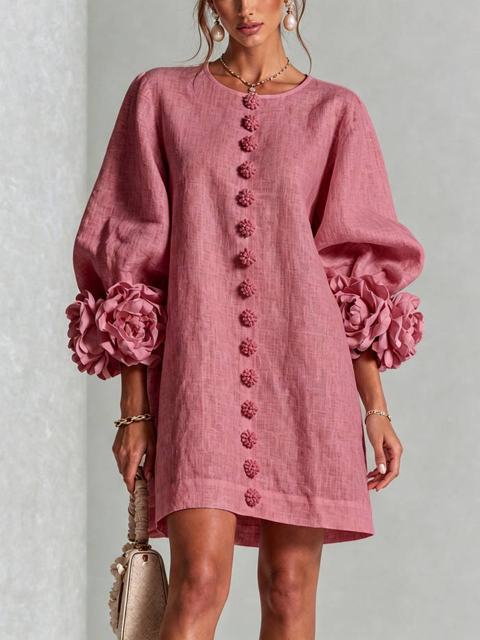Alba | Minivestido de Mezcla de Lino con Puños de Rosa, Rosa Antiguo