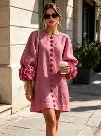 Alba | Minivestido de Mezcla de Lino con Puños de Rosa, Rosa Antiguo