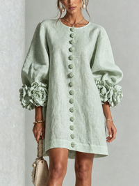 Delia | Minivestido de Mezcla de Lino con Puños de Rosa, Verde Salvia