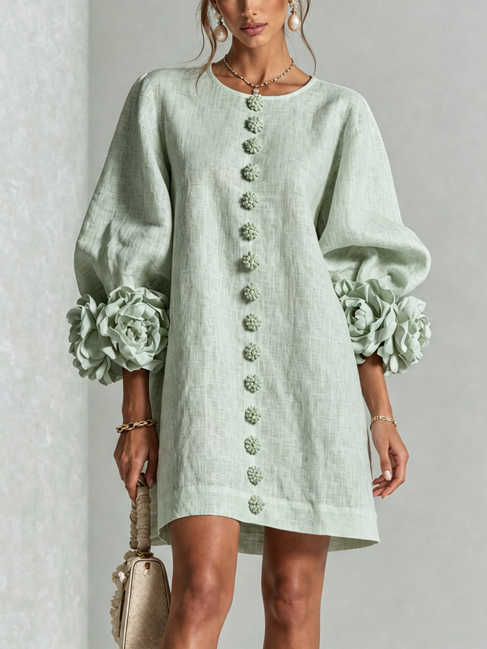 Delia | Minivestido de Mezcla de Lino con Puños de Rosa, Verde Salvia