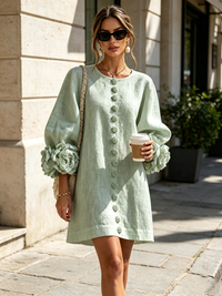 Delia | Minivestido de Mezcla de Lino con Puños de Rosa, Verde Salvia