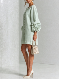 Delia | Minivestido de Mezcla de Lino con Puños de Rosa, Verde Salvia
