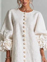 Chiara | Minivestido de Mezcla de Lino con Puños de Rosa, Blanco