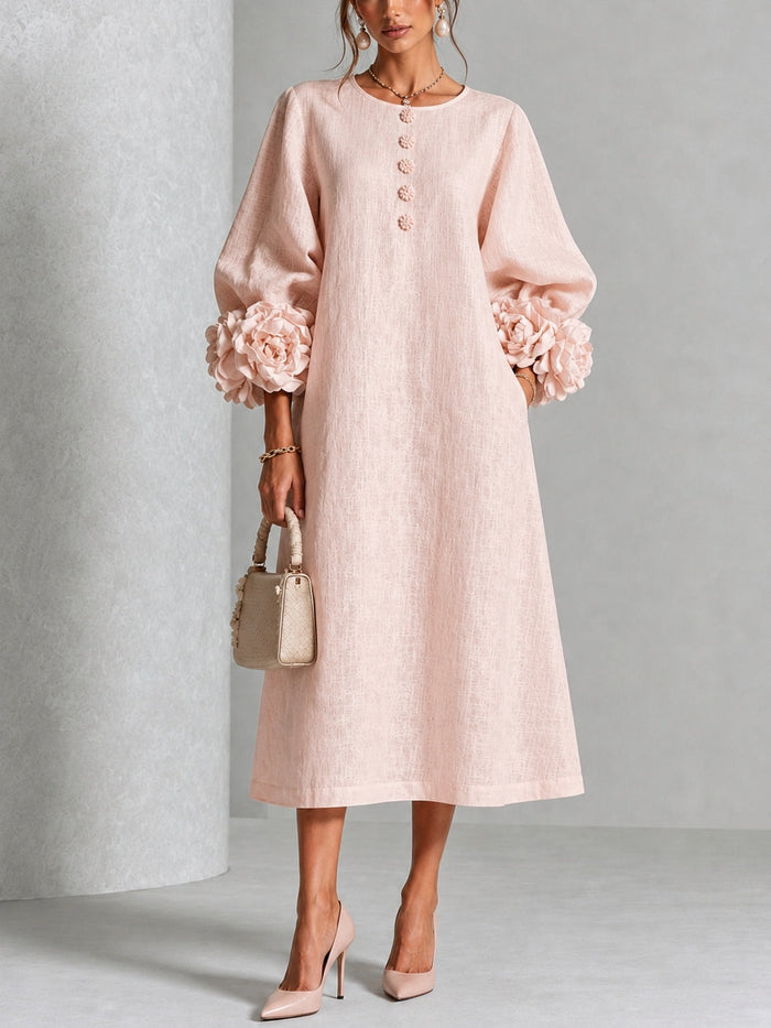 Eglantina | Vestido midi floral rosa con botones y mangas con detalle