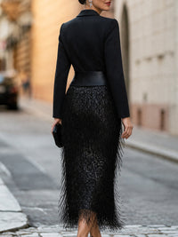 Loredana | Vestido midi estilo blazer con lentejuelas y flecos en negro