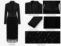 Loredana | Vestido midi estilo blazer con lentejuelas y flecos en negro