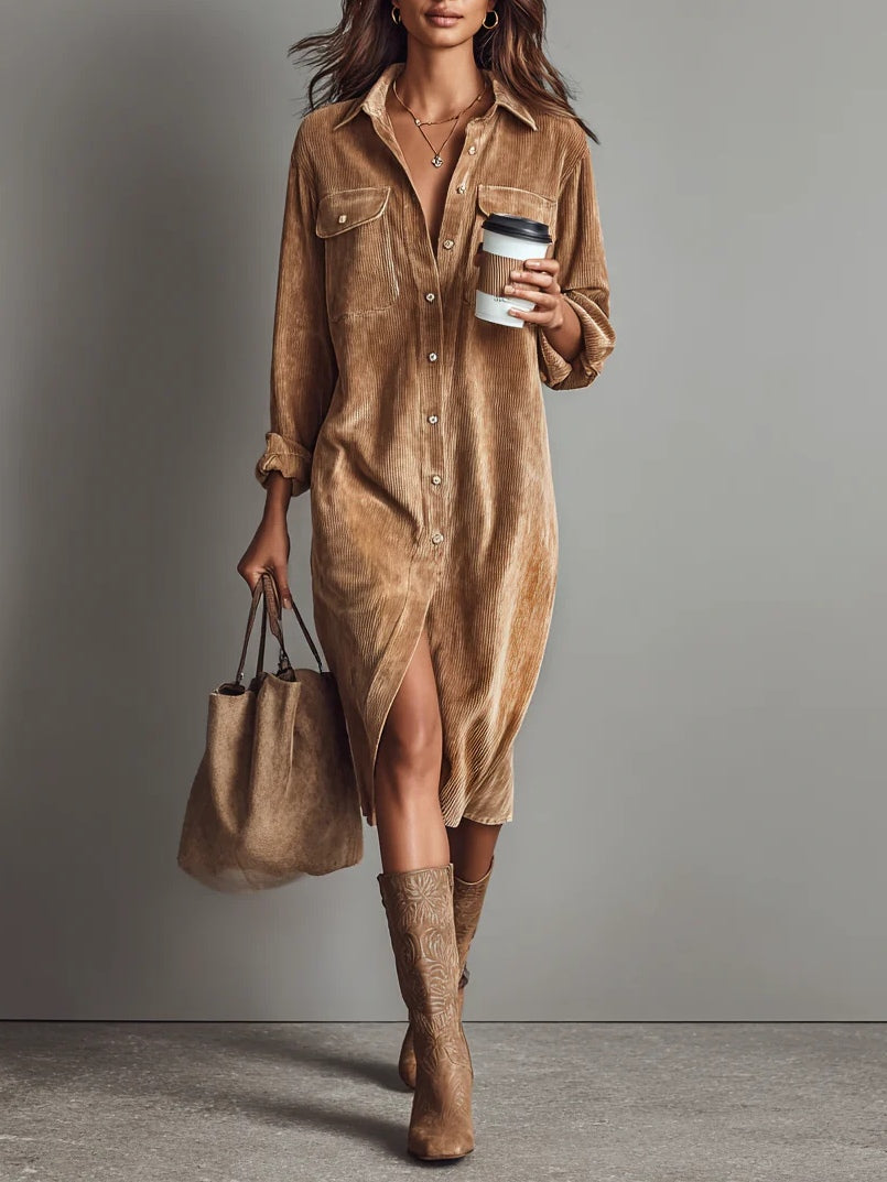 Blandina | Vestido midi de pana con bolsillos y un solo botón