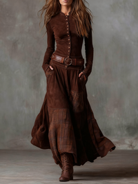 Elisa | Vestido maxi de efecto ante con cinturón