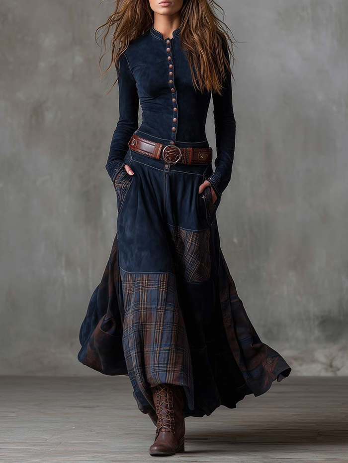 Elisa | Vestido maxi de efecto ante con cinturón