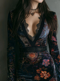Vestido Mini Ajustado de Terciopelo con Encaje y Estampado Floral