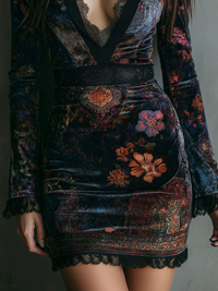 Vestido Mini Ajustado de Terciopelo con Encaje y Estampado Floral