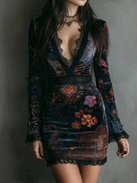 Vestido Mini Ajustado de Terciopelo con Encaje y Estampado Floral