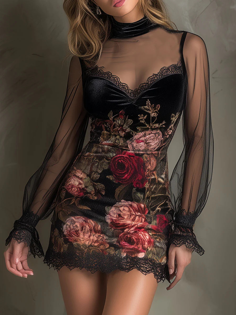 Vestido Mini de Tul con Estampado de Rosas y Encaje