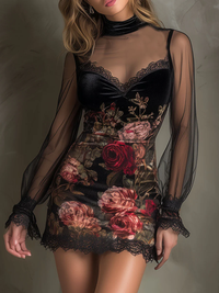 Vestido Mini de Tul con Estampado de Rosas y Encaje