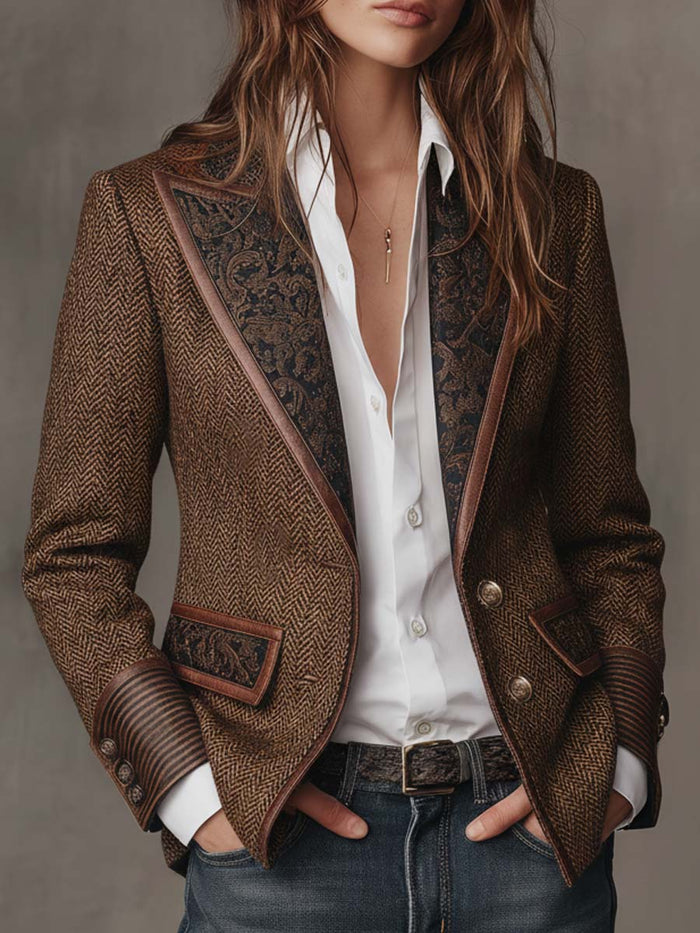 Blazer de Mujer de Espiguilla con Paneles Estampados