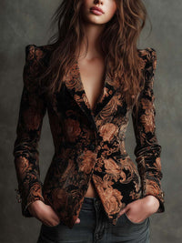 Blazer Sastre de Mujer con Estampado Floral Negro y Bronce