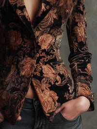 Blazer Sastre de Mujer con Estampado Floral Negro y Bronce