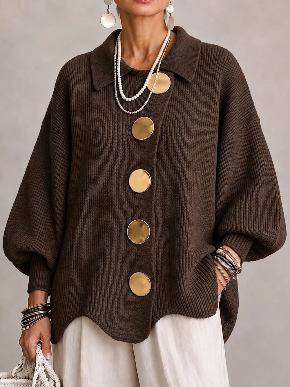 Graziella | Cárdigan Oversize Canalé con Bajo Festoneado, Marrón Chocolate