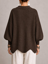 Graziella | Cárdigan Oversize Canalé con Bajo Festoneado, Marrón Chocolate