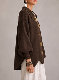 Graziella | Cárdigan Oversize Canalé con Bajo Festoneado, Marrón Chocolate