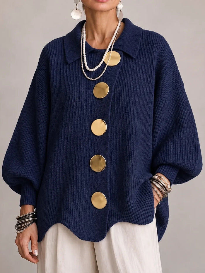 Milena | Cárdigan Oversize Canalé con Bajo Festoneado, Azul Marino