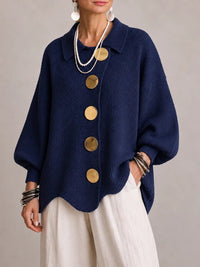 Milena | Cárdigan Oversize Canalé con Bajo Festoneado, Azul Marino