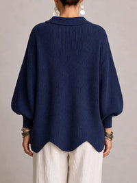 Milena | Cárdigan Oversize Canalé con Bajo Festoneado, Azul Marino