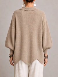 Iolanda | Cárdigan Oversize Canalé con Bajo Festoneado, Beige Arena