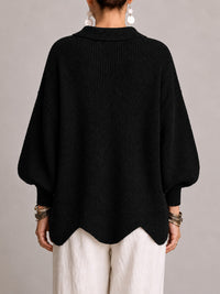Maddalena | Cárdigan Oversize Canalé con Bajo Festoneado, Negro