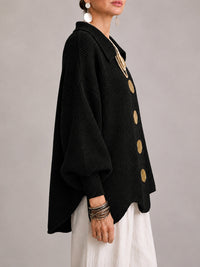 Maddalena | Cárdigan Oversize Canalé con Bajo Festoneado, Negro