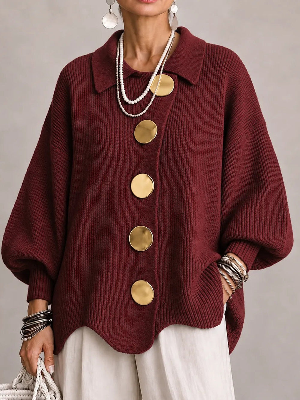 Loredana | Cárdigan Oversize Canalé con Bajo Festoneado, Burdeos