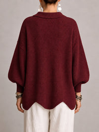 Loredana | Cárdigan Oversize Canalé con Bajo Festoneado, Burdeos