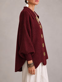 Loredana | Cárdigan Oversize Canalé con Bajo Festoneado, Burdeos