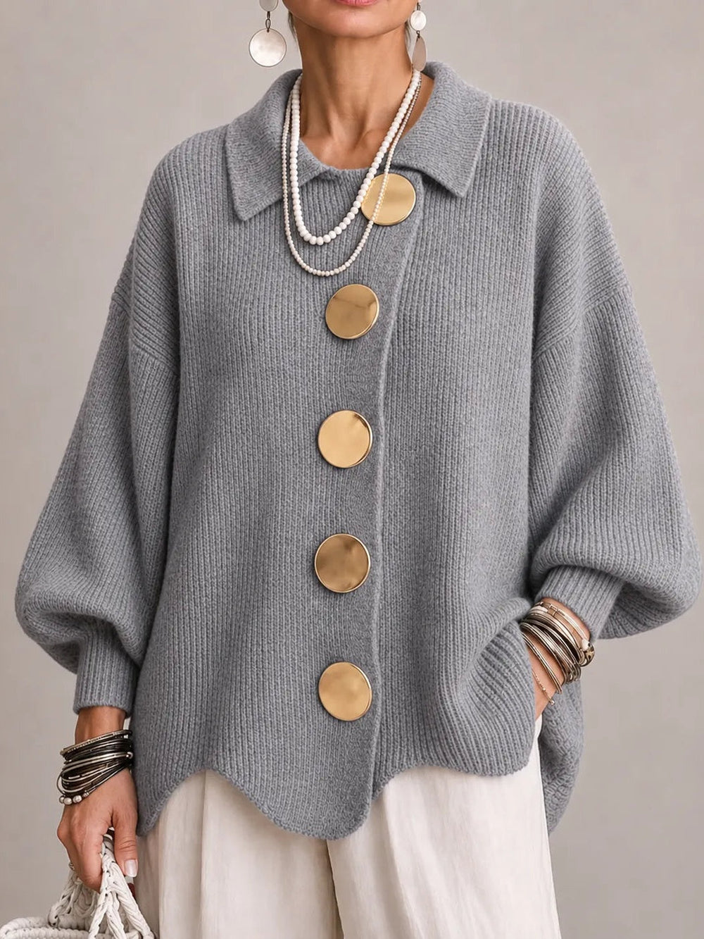 Rosanna | Cárdigan Oversize Canalé con Bajo Festoneado, Gris