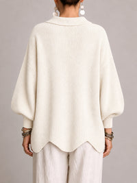 Gemma | Cárdigan Oversize Canalé con Bajo Festoneado, Marfil
