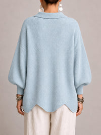 Oriana | Cárdigan Oversize Canalé con Bajo Festoneado, Celeste Empolvado