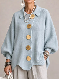 Oriana | Cárdigan Oversize Canalé con Bajo Festoneado, Celeste Empolvado