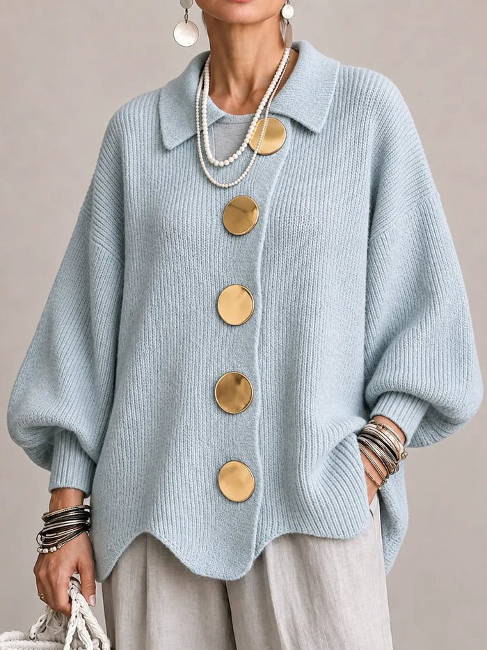 Oriana | Cárdigan Oversize Canalé con Bajo Festoneado, Celeste Empolvado