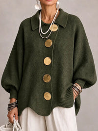 Elvira | Cárdigan Oversize Canalé con Bajo Festoneado, Verde Oliva