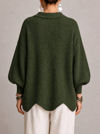 Elvira | Cárdigan Oversize Canalé con Bajo Festoneado, Verde Oliva