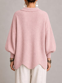 Clelia | Cárdigan Oversize Canalé con Bajo Festoneado, Rosa Empolvado