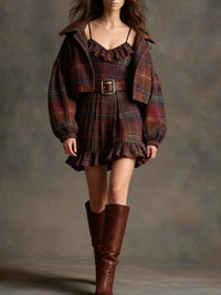 Vestido Mini Vintage de Cuadros y Rayas con Chaqueta Ancha (incluye cinturón)