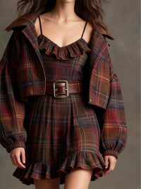 Vestido Mini Vintage de Cuadros y Rayas con Chaqueta Ancha (incluye cinturón)