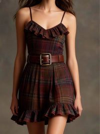 Vestido Mini Vintage de Cuadros y Rayas con Chaqueta Ancha (incluye cinturón)