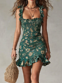Vestido Mini de Volantes Estampado Verde Bohemio