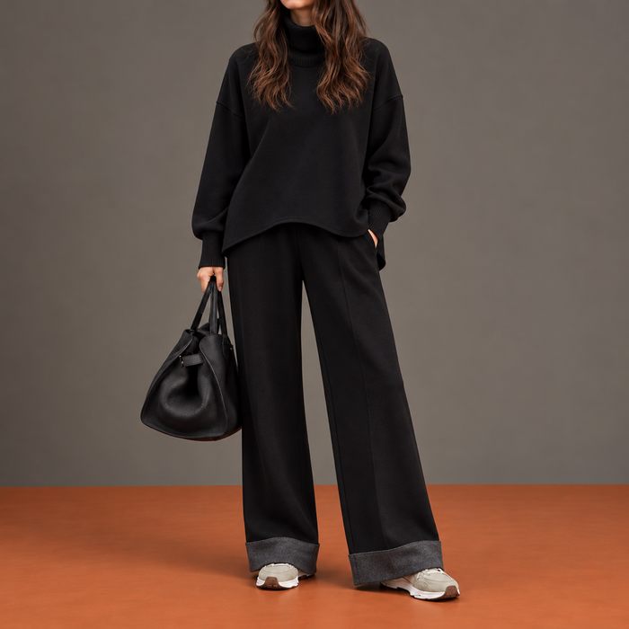 Eleonora | Conjunto con Cuello Alto, Bajo Curvo y Pantalón con Dobladillo Vuelto
