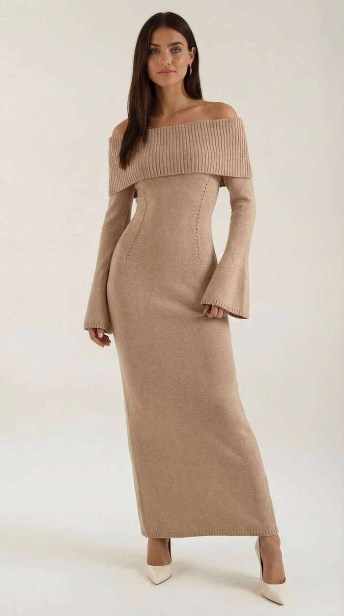 Vestido largo ajustado con hombros descubiertos de Quinlan